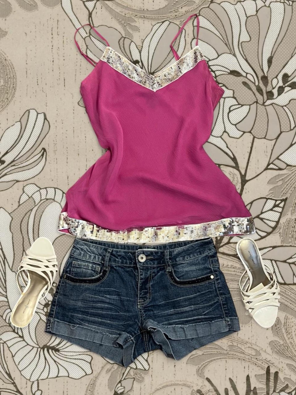 Sequin-Trim Camisole Size Large Pink Silk Top